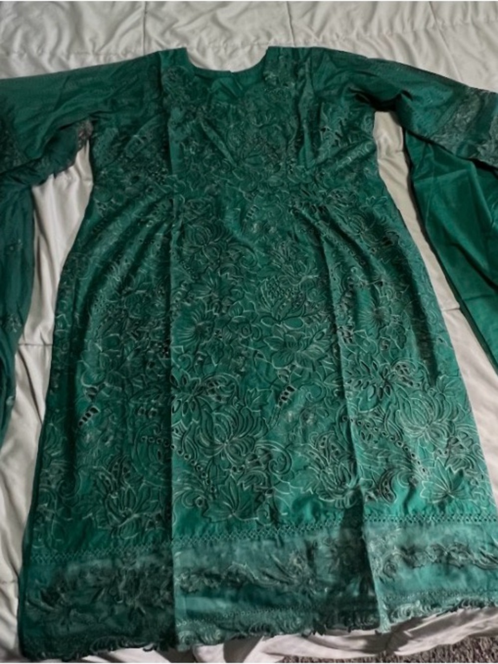 Embroidered Emerald Green Traditional Dress with Floral Scarf - Picture 3 of 7